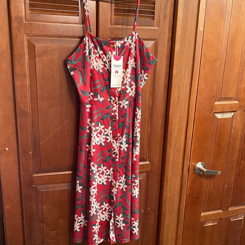 Floral Red Spaghetti Strap Large Midi Dress NWT Spring Summer Floral